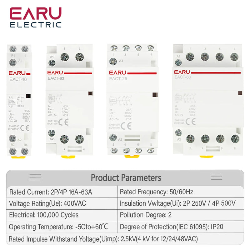 2P 4P 16A 20A 25A 32A 50A 40A 63A AC 220V 50/60Hz Din Rail Household Modular AC Contactor Switch Controller DIY Smart Home Hotel