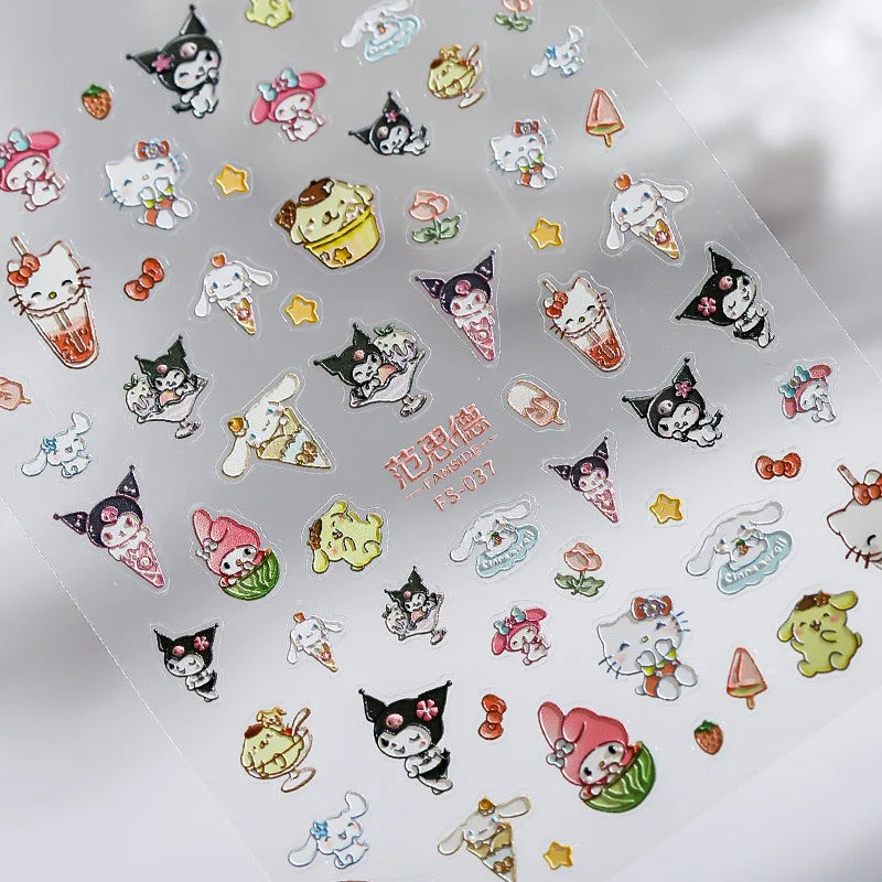1PCS 5D Cartoon Kuromi Hello Kitty Nail Stickers Sanrio Animation Nail Art Decoration Sanrio Cute Melody Embossed Stickers