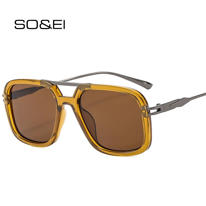 SO&EI Retro Double Bridges Square Men Sunglasses Shades UV400 Fashion Gradient Women Sun Glasses