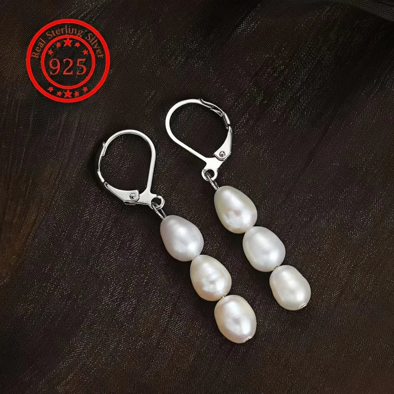 New Fashionable Baroque Freshwater Pearl Earrings. Simple, Elegant And Versatile Long Three-bead Earrings.