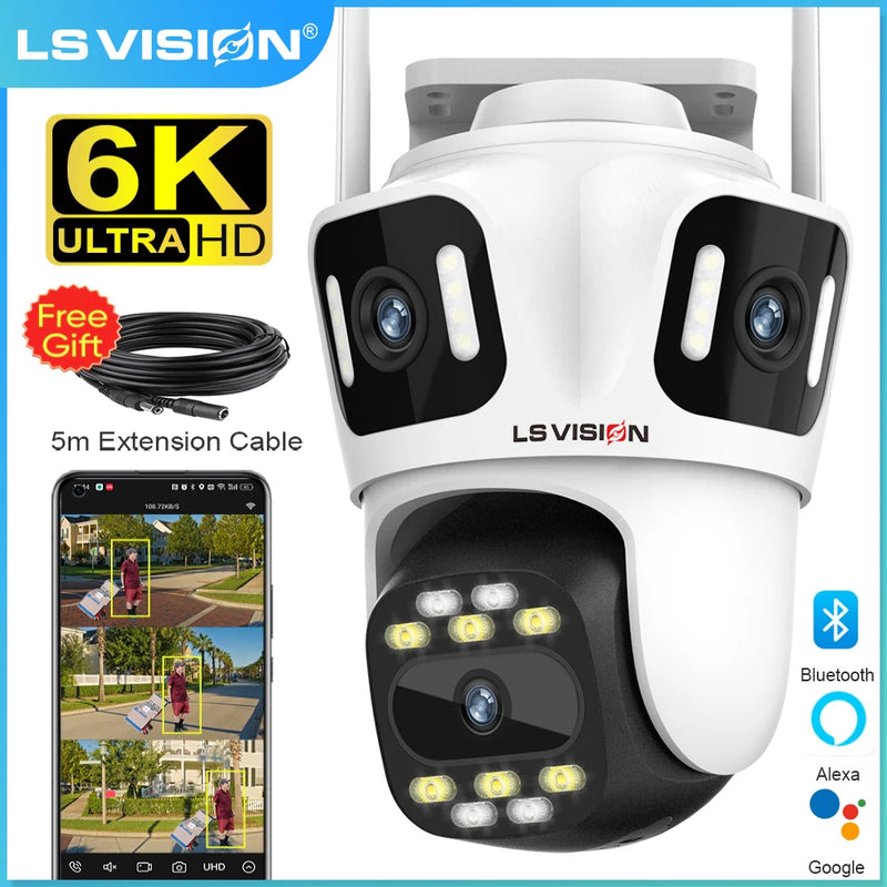 LS VISION Three Screen 6K HD Wifi Security Camera Outdoor 3 Lens PTZ IP Camera Smart  Auto Tracking CCTV Surveillance Cameras