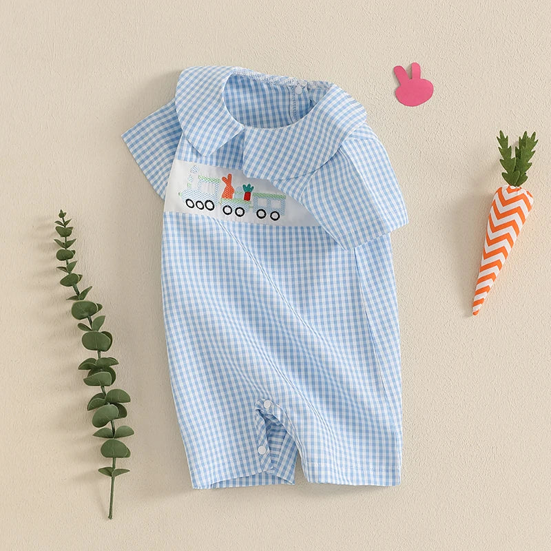 Infant Easter Bunny Romper Sleeveless Round Neck Train Embroidery Jumpsuit Baby Boy Newborn Playsuit Outfit Costume
