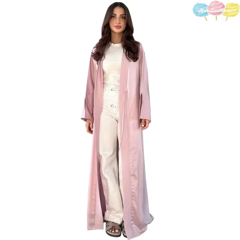 Muslim Women Pink Satin Kimono Abaya Damen Dubai Elegant Luxury Kaftan Modest Dress Islam Caftan Marocain Robe Femme Musulmane