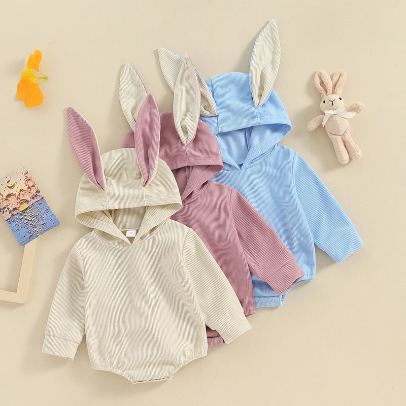 3D Bunny Ear Baby Girls Boys Romper Spring Corduroy Toddler Clothes Cute Long Sleeve Hooded Jumpsuit Infant Kids Easter Clothes