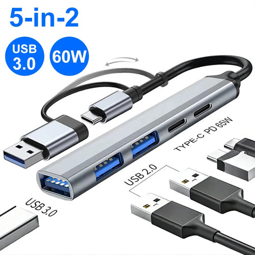5-IN-2 USB C HUB Typ C auf USB 3.0 HUB PD 65W Multi USB Splitter Adapter OTG für Lenovo Macbook Pro Computer Zubehör