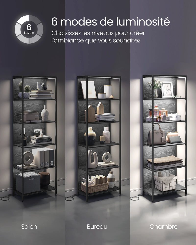 VASAGLE 6-Tier LED Bookcase, Adjustable Light Shelf, Storage Cabinet with Steel Frame, 30.3 x 60 x 178.6 cm, for Living Room