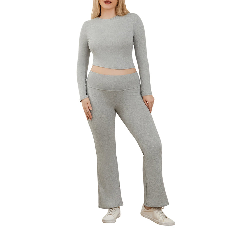 Women s Pants Outfits Solid Color Long Sleeve Boat Neck Crop Tops with Fold Over Trousers Set Streetwear