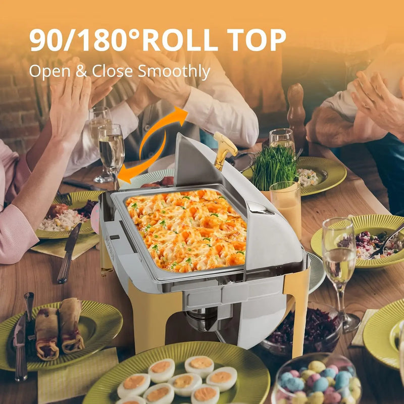 Rovsun 3 Packs Roll Top Chafing Dish Buffet Set Gold Accent,Nsf 9 Quart Rectangular Stainless Steel Chafer, Buffet Servers And