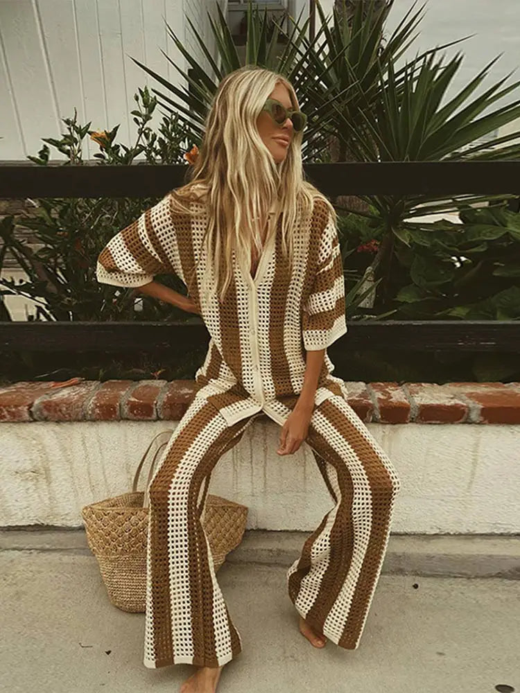 Women's Chic Stripe Hollow Out Knitted Sand Pants Set Women Loose Cardigan New In Matching Sets 2024 Summer Holiday Beach Outfit