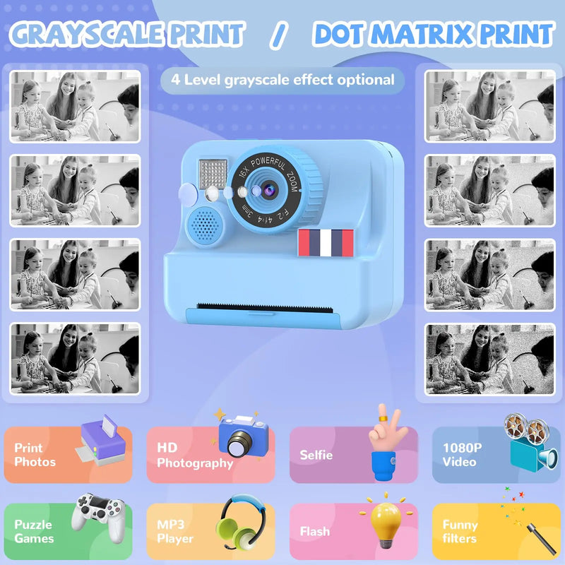 Instant printing with children's cameras, Christmas birthday gifts for boys and girls aged 3-12, FHD selfie children's digital c