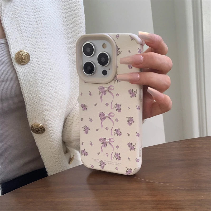 INS Korean Cute Floral Bowknot Pearl Phone Case For iPhone 15 14 13 12 11 Pro Max Leather Cases Shockproof Back Cover Girl Gift