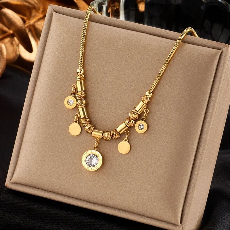 DIEYURO 316L Stainless Steel Roman Numerals White Zircon Charm Necklace Bracelets For Women New Trend Non-fading Jewelry Set