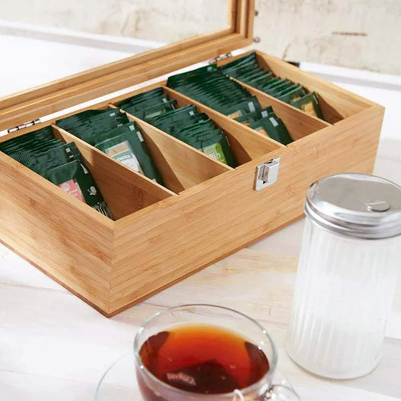 Multifunctional Bamboo System Tea Bag Jewelry Organizer Storage Box 5 Compartments Tea Box Organizer Sugar Container