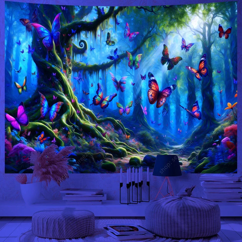 Butterfly Flower UV Reactive Tapestry Wall Hanging Hippie Boho Room Decor Aesthetic Psychedelic Home Dorm Wall Decor Party Decor