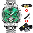 OLEVS Mechanische Herrenuhren, Automatik, Edelstahl, Wasserdicht, Datum, Woche, Grün, Mode, Klassische Armbanduhren 6607