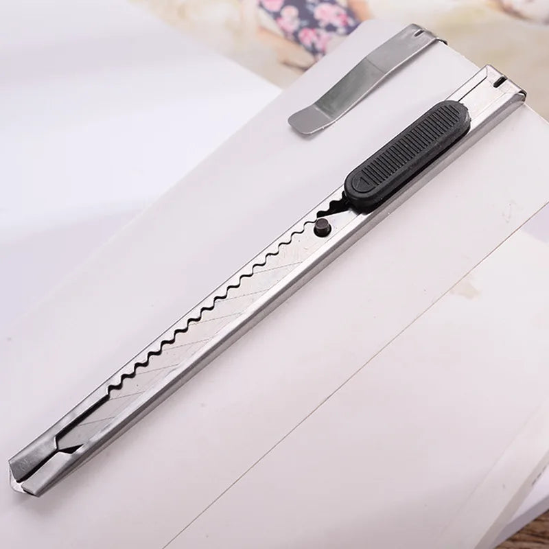 1pc Retractable Box Cutter Self-Locking Clip Design Stationery Stainless Steel Utility Knife Supplies Tool Office Supplies