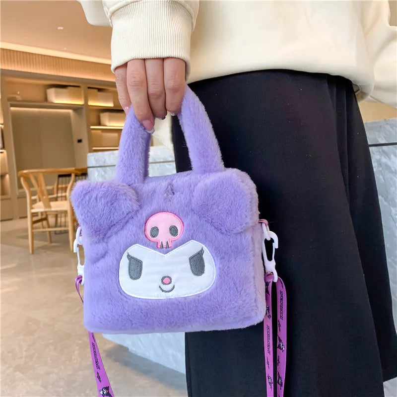 Kawaii Sanrio Plush Bag Kuromi Plushie Backpack Cinnamoroll Tote Handbag My Melody Messenger Makeup Shoulder Bag Women Girl Gift