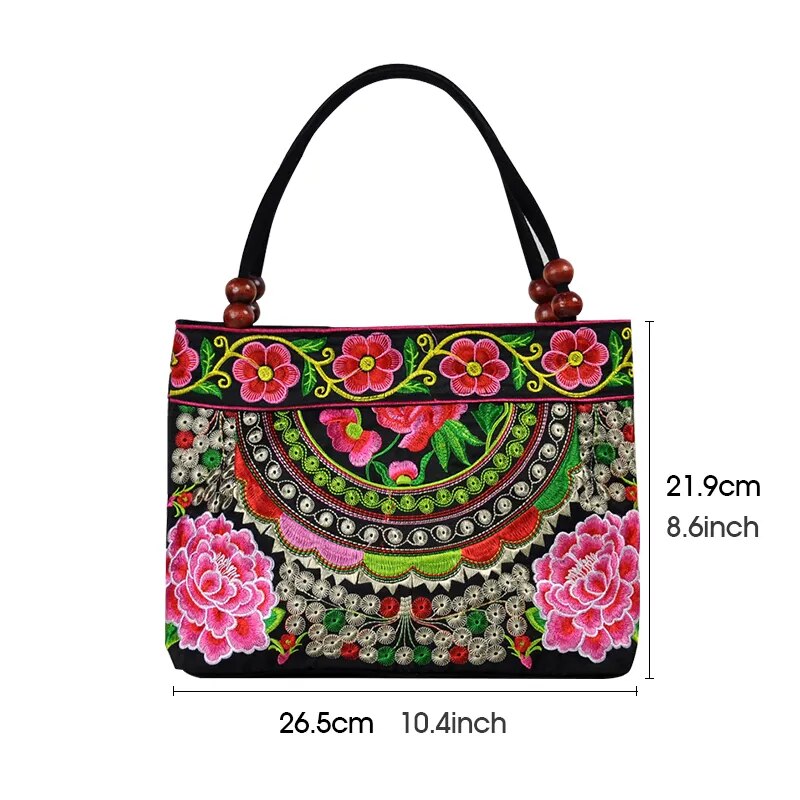 Women Shoulder Bags Embroidery Ethnic Style Pretty Flower Bohemia Retro Canvas Large Capacity Shopper Handbag for Teenage Girl