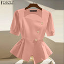 2025 ZANZEA Elegant Puff Sleeve Work Blouses Women Summer Shirts Square Neck Stylish Solid Buttons Tunic Tops Waisted OL Blusas