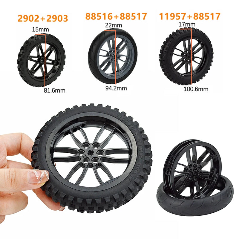 2Pcs MOC Building Block Motorcycle Tyre & Motorcycle Rim Technical Part Brick Wheel Hub Compatible with 88517 11957  Cars Toy