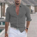 New Men's Shirt Cotton linen Casual Polo Neck Beach Shirt Long Sleeve Solid Hawaiian Holiday Shirts Streetwear