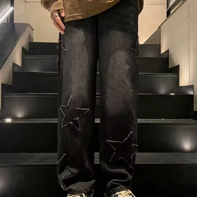 Star Embroidery Straight Casual Men Jeans Gothic Neutral New Wide Leg Loose Hip-hop Streetwear Denim Trousers Y2K pants man