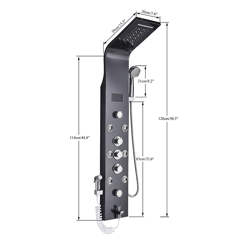 Black Bathroom Shower Panel SPA Massage Jet Shower Column LED Display Stainless Steel Shower System
