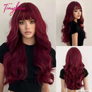 Burgundy Dark Red Synthetic Wigs Long Wavy Wine Red Cosplay Wig with Bangs for Women Natural Body Wave Halloween Heat Resistant