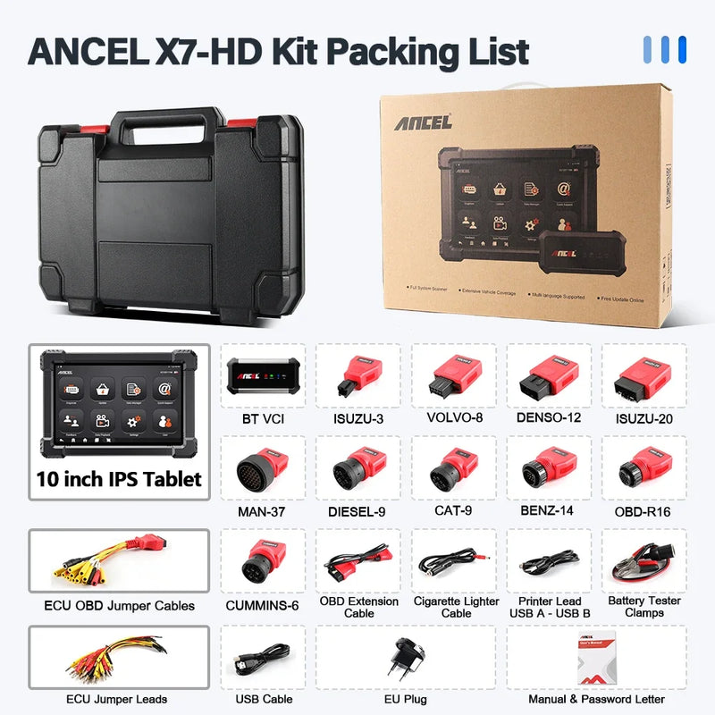 ANCEL X7 HD Heavy Duty Truck Diagnostic Tool TPMS DPF Regen ABS SAS ECU Oil Reset Full System OBD2 Truck Scanner 24V/12V Cars