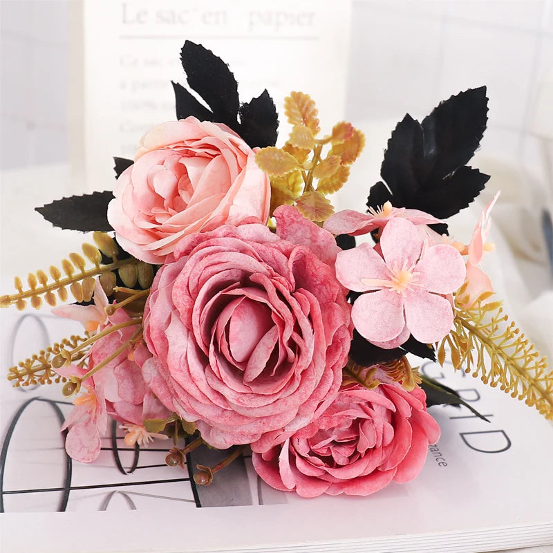 Retro Artificial Rose Flowers For Vase Gift Christmas Wedding Home Room Decoration Outdoor Peony Party Fake Plants Bride Bouquet