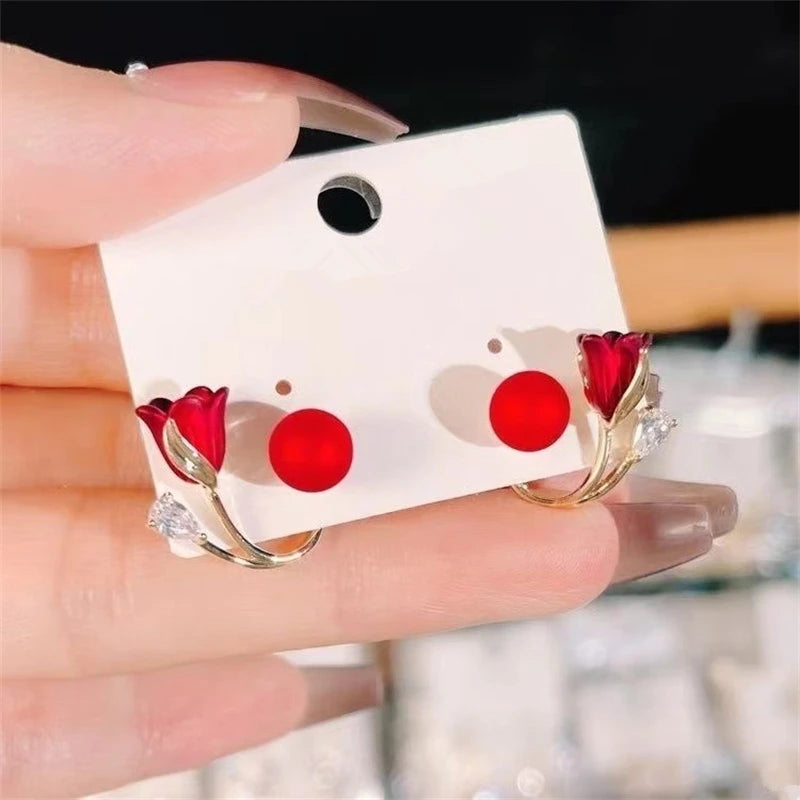 Korean Red Rose Stud Earring Fashion Imitation Pearl Flower Earrings for Woman Party Jewelry Christmas Gift New Arrivals