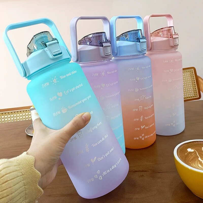 2 Liters Water Bottle Motivational Drinking Bottle Sports Water Bottle with Time Marker Stickers Portable Reusable Plastic Cups