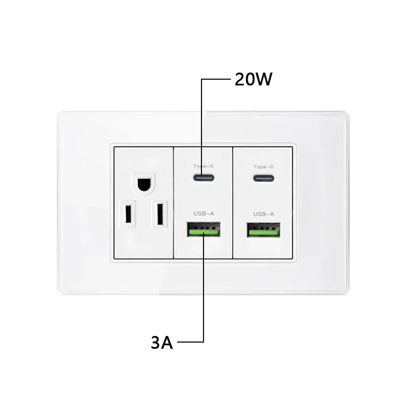 American USB Smart Type-c 20W Quick Charge Wall Power Outlet,Home Light Electrical Switch Panel,Mexico Thai Dual usb Socket Plug