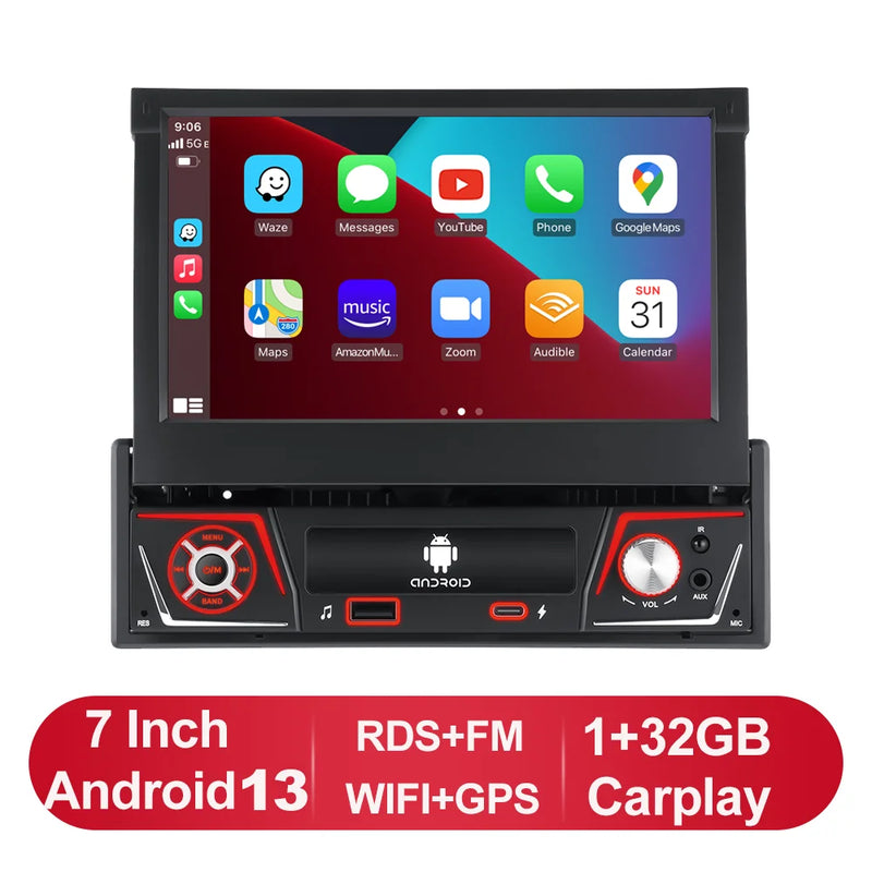 1 din Car Radio Android Carplay Auto Universal 7" IPS Retractable Screen gps Navigation 1 Din Android 13 Multimedia Video Player