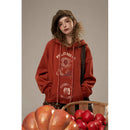 ELFSACK 2025 Autumn New Arrivals Retro Casual Large Area Print Long Drawstring Hooded Hoodie For Woman