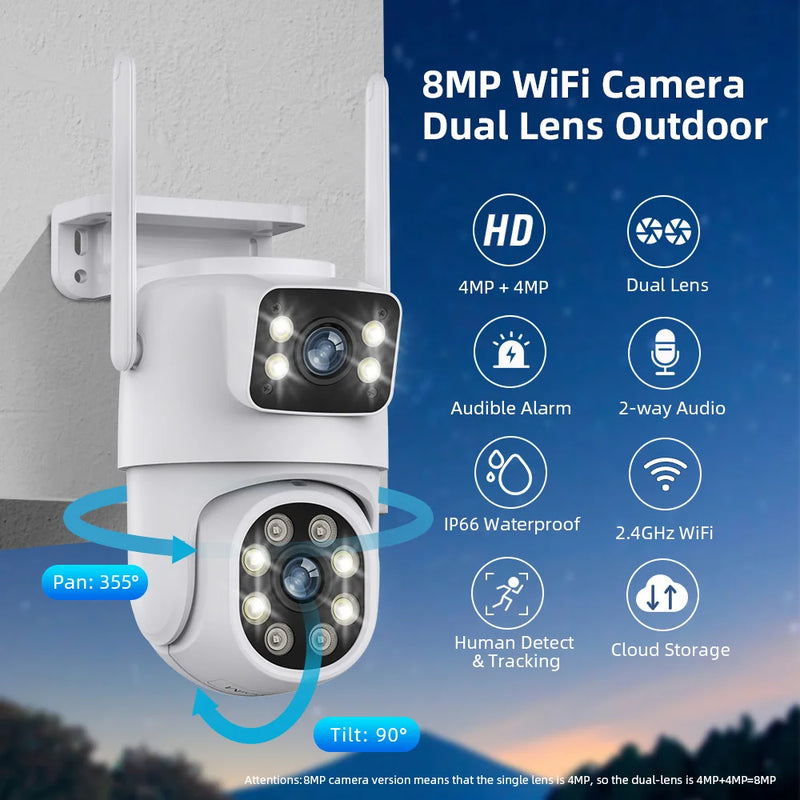 8MP Outdoor Surveillance Camera Dual Lens Dual Screen AI Auto Tracking IP Video Wifi PTZ Camera CCTV Two Way Audio