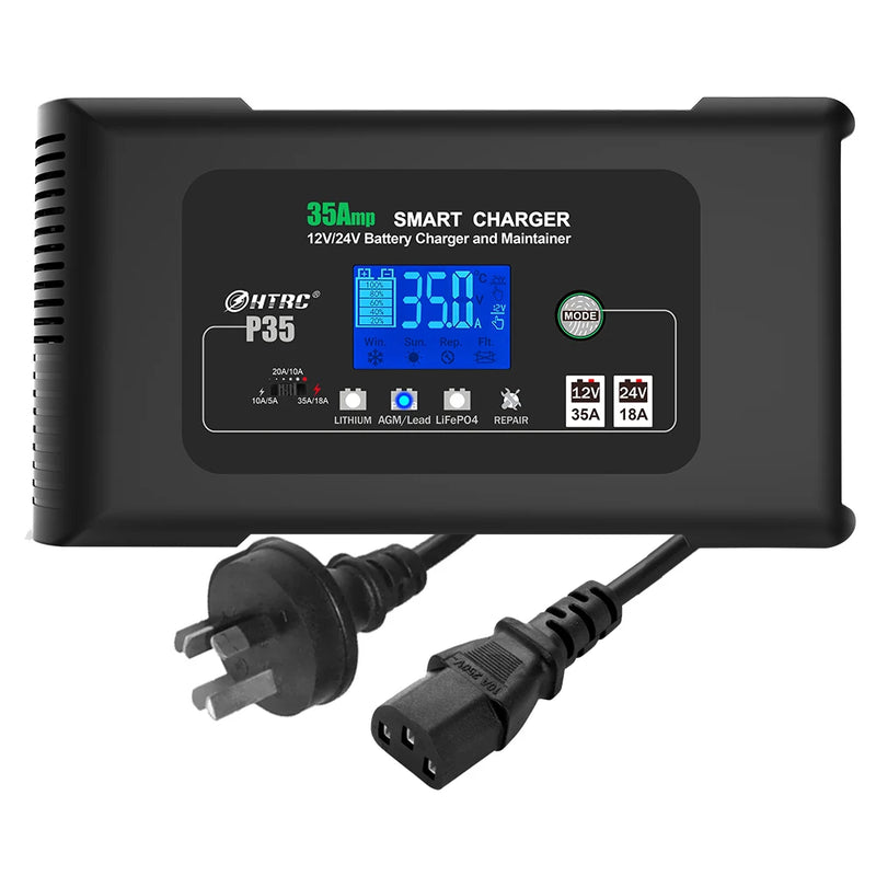 HTRC 12V/35A 24V/18A Car Battery Charger for Auto Moto Truck Motorcycle AGM Lead Acid PB GEL LCD Display Smart Charging