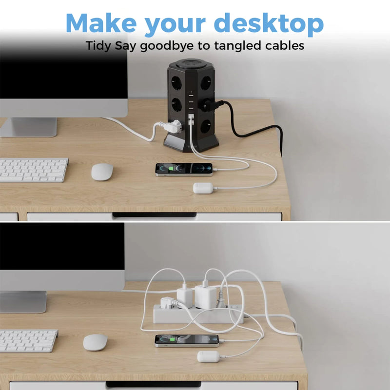 TESSAN Power Strip Vertical Tower Socket 12 Outlets 5 USB Ports EU Plug Multiple Socket with 2M Extension Cord Surge Protection