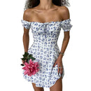 2024 New Summer Casual Off Shoulder Tie Up Floral Print A-Line Dress Sexy Women Short Sleeve Slim Mini Dress for Club Party