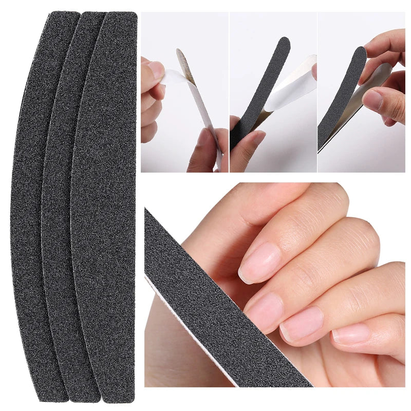 Half Moon Replacement Nail File 100/180/240 10pcs Black Removable SandPaper With Stainless Steel Handle Metal Sanding Files