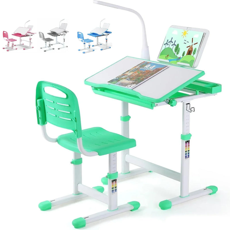 Children's Desk, Ergonomic Table and Thair Set, with Drawer, Reading Stand, Anddimmable LED Lamp, Height-Adjustable