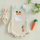 Easter Bunny Embroidered Sleeveless Romper Jumpsuit with Carrot Applique and Square Neckline for Baby Girls