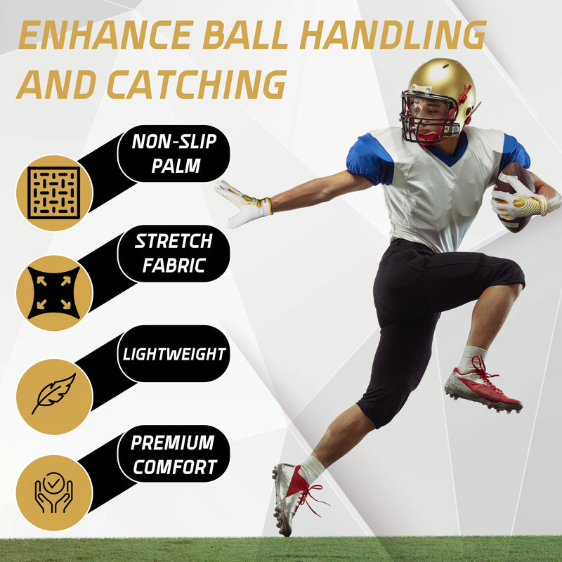 HANDLANDY Youth American Football Gloves, Sticky Wide Receiver Gloves for Kids, White and Gold Stretch Fit Rugby Gloves