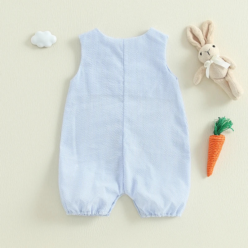 Easter Bunny Embroidered Sleeveless Rompers for Baby Boys and Girls - Adorable Striped Summer Bodysuits and Jumpsuits
