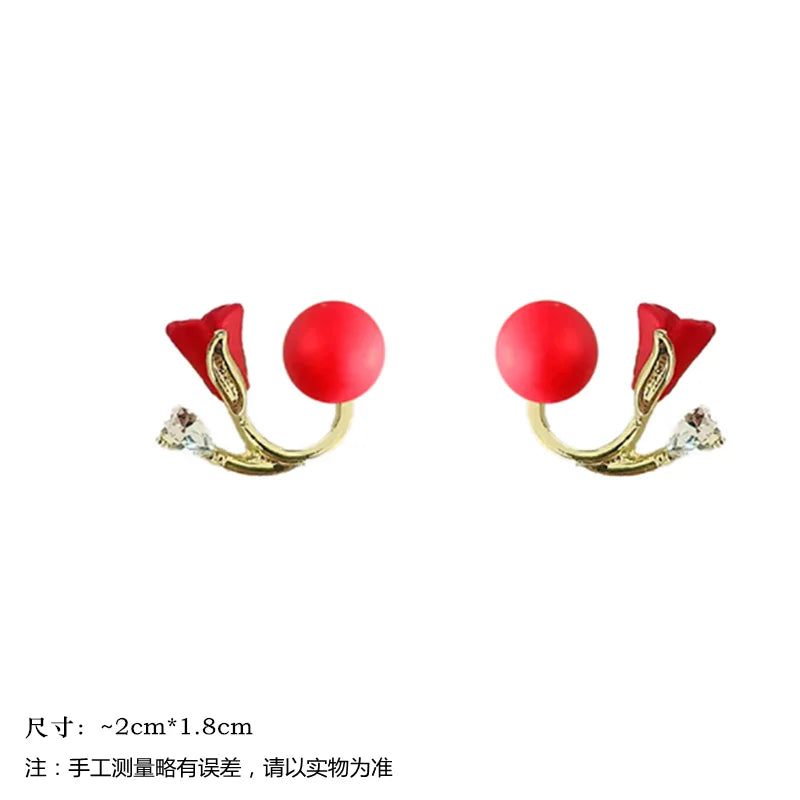Korean Red Rose Stud Earring Fashion Imitation Pearl Flower Earrings for Woman Party Jewelry Christmas Gift New Arrivals