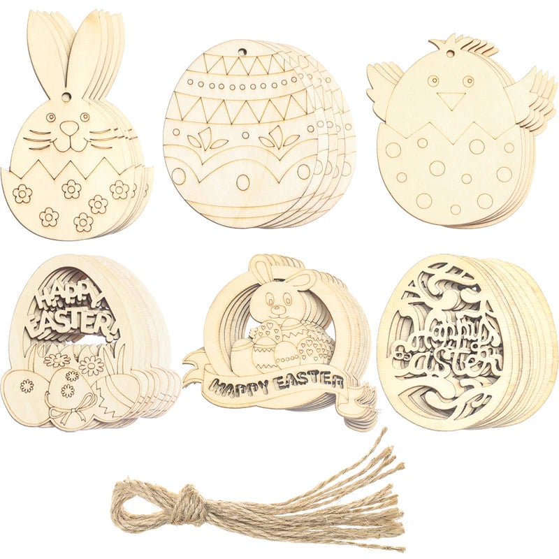 10pcs Wooden Easter Pendants Rabbit Egg Hanging Ornament For Happy Easter Party Home Decoration Kids DIY Painting Gifts Supplies