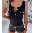 Metal Button Slim Tank Top Women Sexy Round Neck Sleeveless T-Shirt Summer Every Day Solid Top