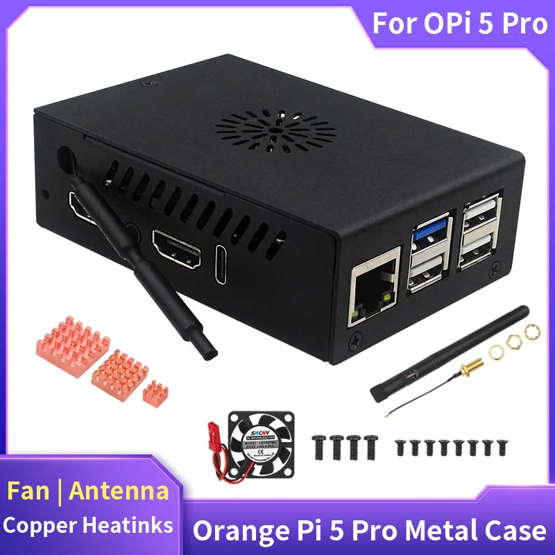 Orange Pi 5 Pro Case Metal Shell Cooling Fan Optional Antenna Copper H
