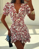 Women Chic Floral Print Bodycon Dress Holiday v-neck Pleated Patchwork Flared Sleeve Ruffle 2026 Summer Casual Latest Vestidos