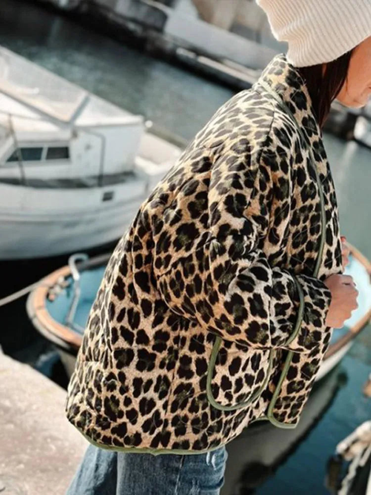 Leopard Print Cotton-padded Coat Women Casual Long Sleeve Lapel Patchwork Pockets Female Jacket 2023 Winter Warm Lady Outwear